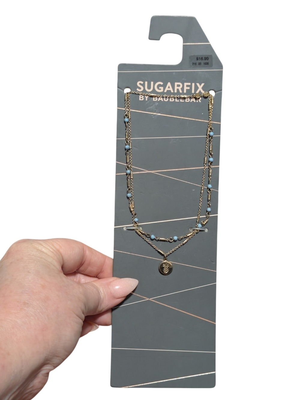 Sugarfix Gold-Layered Necklace with Pineapple Charm & Light Blue Beads